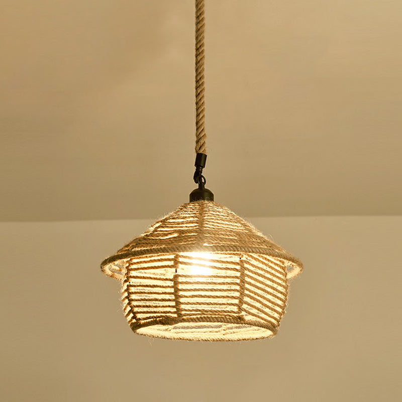 Hemp Rope Pendant Light - Antique 1-Light Fixture In Brown For Restaurants