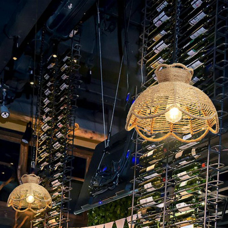 Rustic Hemp Rope Pendant Light Fixture In Brown - Vintage Wrapped Hanging Lamp With 1 Bulb