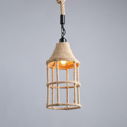 Hemp Rope Wrapped Ceiling Pendant Light - Industrial Single-Chain Design Brown Finish / A