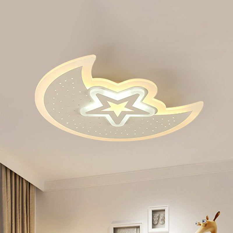 Contemporary Acrylic Flush Mount Ceiling Light With Crescent And Star Design - White Led Lighting