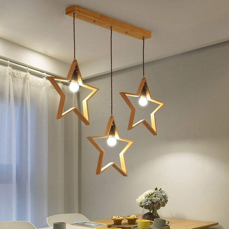 Nordic Style 3-Head Wood Star Pendant Ceiling Light - Wire Frame Multi Suspension Lighting