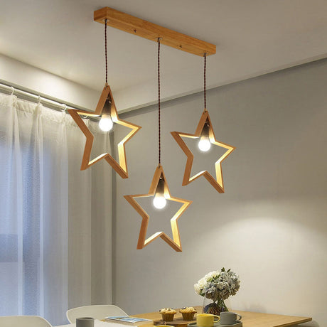 Nordic Style Wood Star Wire Frame Pendant Ceiling Light With 3 Heads