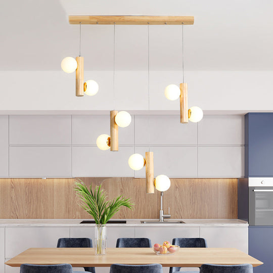 Contemporary Modo Light Cream Glass Pendant In Wood For Dining Room