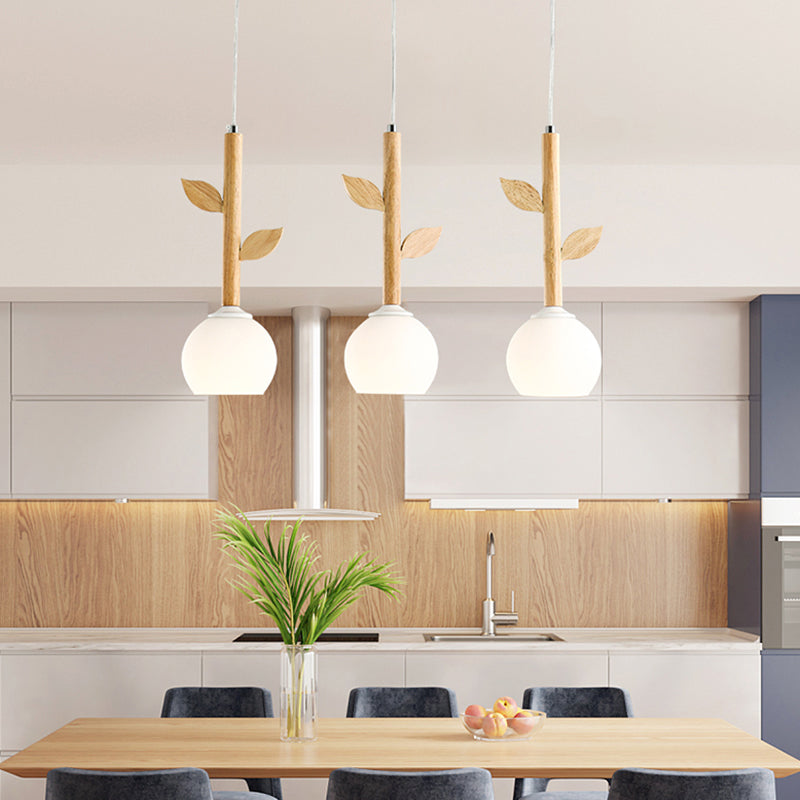 Modern Wood Pendant Light With Globe Cream Glass Shade - Branch Multi-Light 3 Bulbs Ideal For