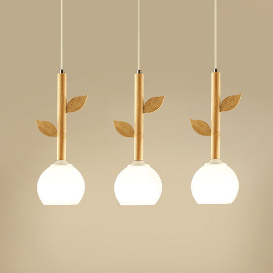 Modern Wood Pendant Light Fixture With Globe Cream Glass Shade - Branch Multi-Light Design 3 Bulbs