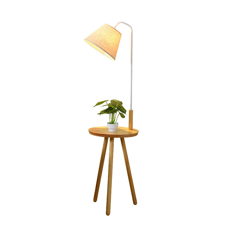 Modern Nordic Stand Up Floor Lamp With Wooden Tray - White Fabric Shade