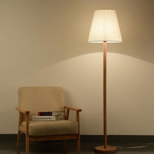 Simplicity Geometric Floor Lamp - 1-Light Study Room Standing Lighting In Wood With Fabric Shade