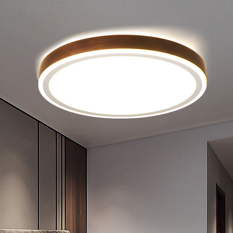 Wooden Led Flush Mount - Minimalist Round Light Fixture For Bedroom In Brown