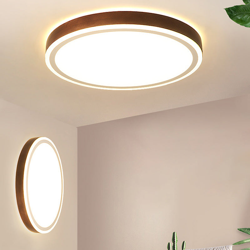 Wooden Led Flush Mount - Minimalist Round Light Fixture For Bedroom In Brown / 12 Natural