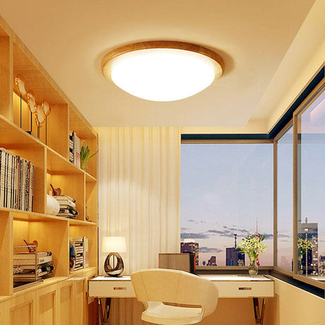 Japanese Led Wood Flush Mount Ceiling Light With Acrylic Shade