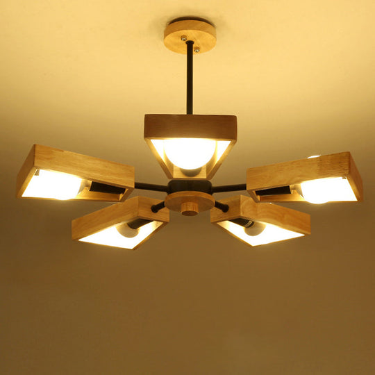 Minimalist Wood Suspension Chandelier For Living Room - Trapezoid Frame Design