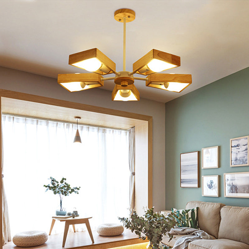 Minimalist Wood Suspension Chandelier For Living Room - Trapezoid Frame Design 5 / White