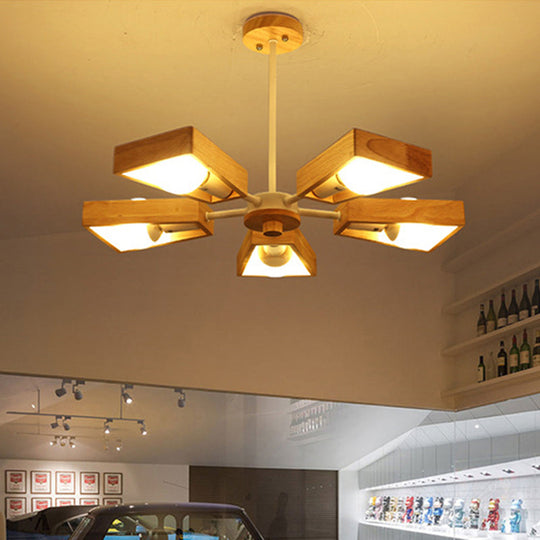 Minimalist Wood Suspension Chandelier For Living Room - Trapezoid Frame Design