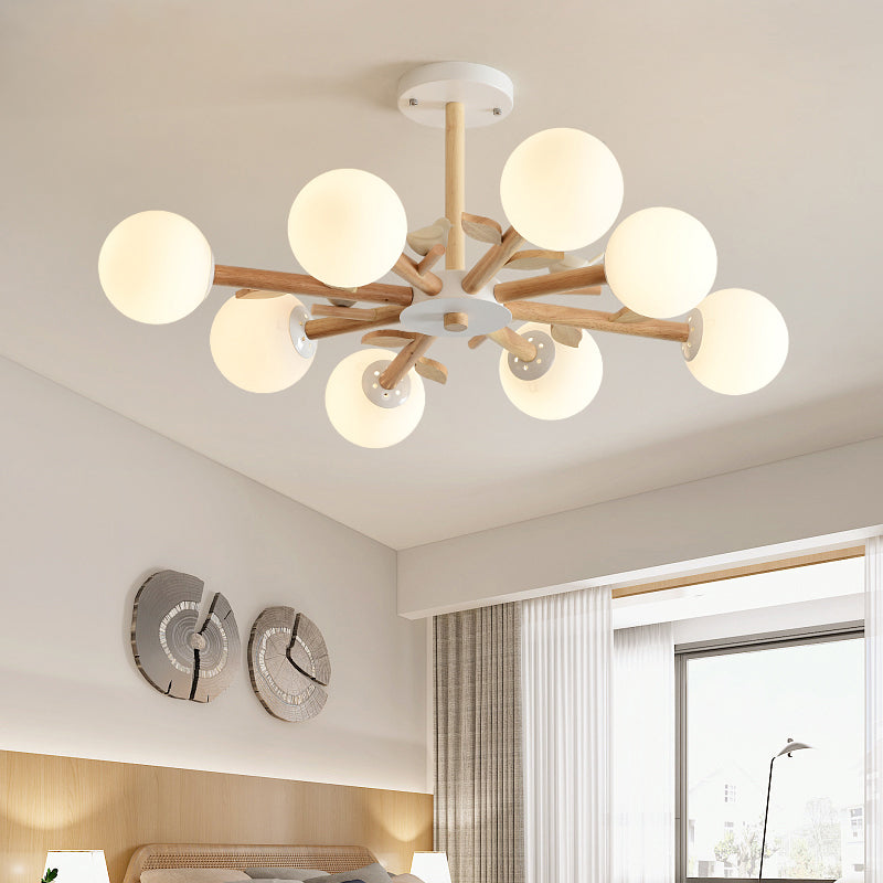 Opal Glass Globe Chandelier: Modern Living Room Pendant Light In Wood