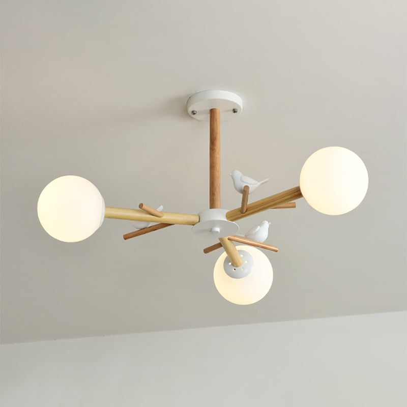 Opal Glass Globe Chandelier: Modern Living Room Pendant Light In Wood 3 /