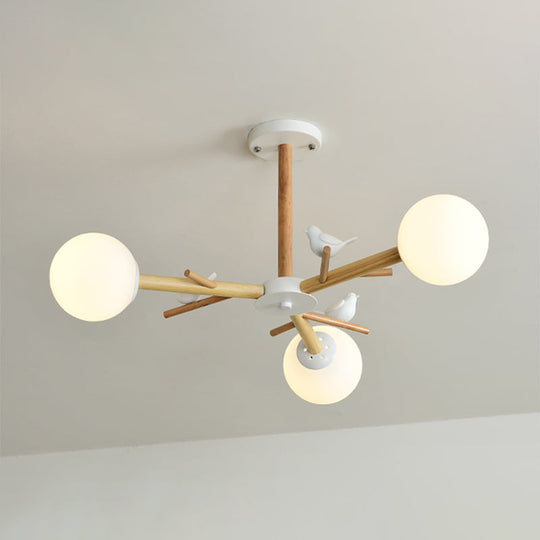 Opal Glass Globe Chandelier: Modern Living Room Pendant Light In Wood 3 /