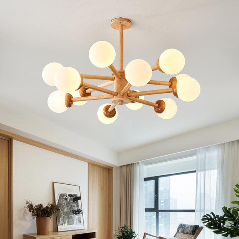 Sleek Minimalist Cream Glass Bedroom Chandelier Light With Wood-Embellished Modo Shaped