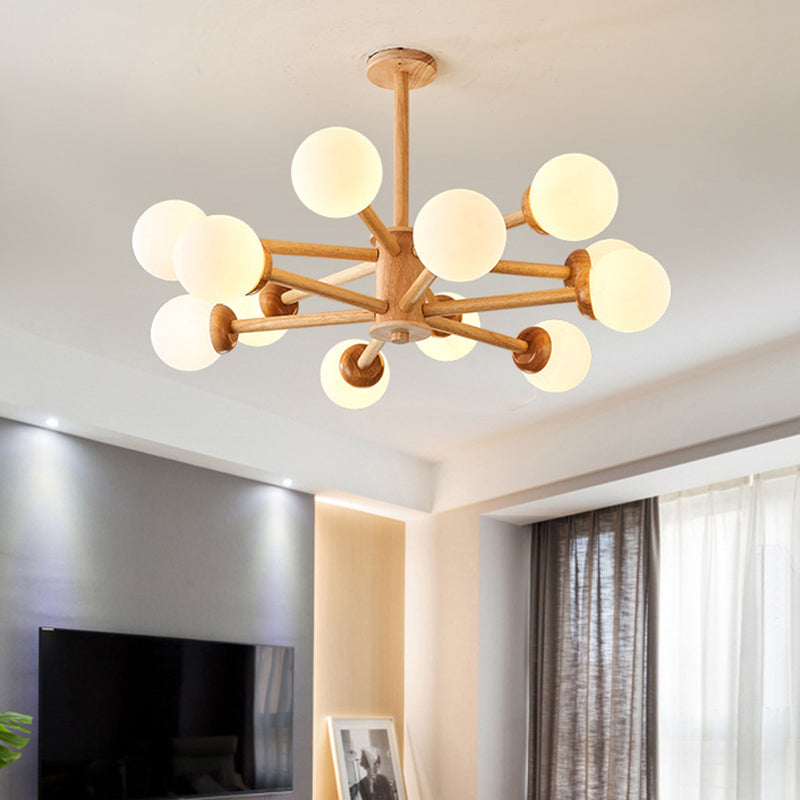 Sleek Minimalist Cream Glass Bedroom Chandelier Light With Wood-Embellished Modo Shaped