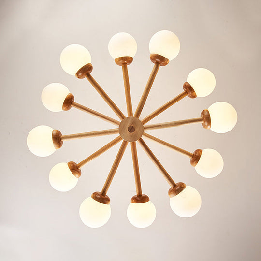 Sleek Minimalist Cream Glass Bedroom Chandelier Light With Wood-Embellished Modo Shaped