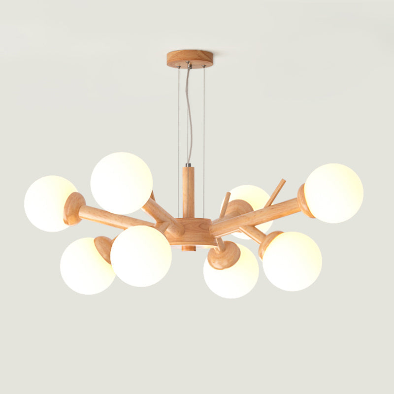 Simplicity Chandelier Light Fixture With Frosted Glass Shade - Wood Branch Ceiling Lighting