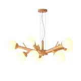 Simplicity Chandelier Light With Frosted Glass Shade Wood Branch Ceiling Lighting Fixture