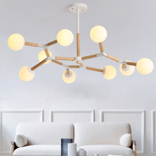 Nordic Handblown Glass Dining Room Chandelier Light With Wood Accent 9 /