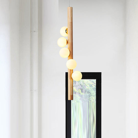 Contemporary Cream Glass Modo Chandelier Lighting With 5 Wood Pendant Lights – Ideal For Restaurants