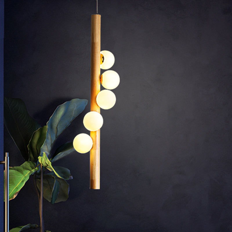 Contemporary Cream Glass Modo Chandelier Lighting With 5 Wood Pendant Lights – Ideal For Restaurants