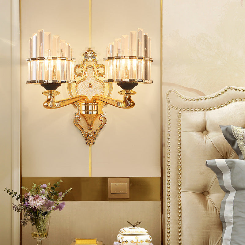 Modern Brass Crystal Block Wall Light Sconce With Carved Backplate