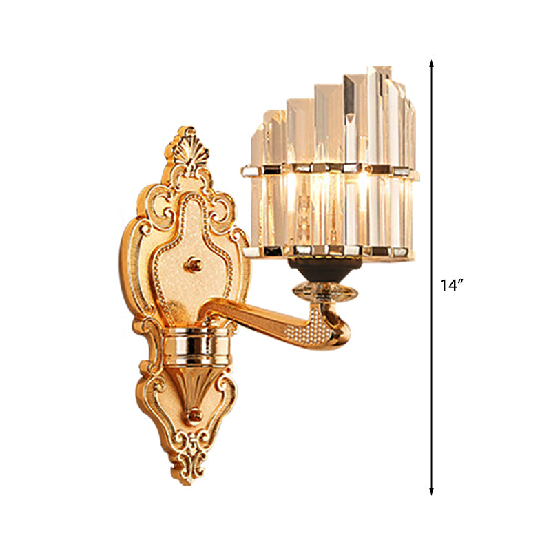 Modern Brass Crystal Block Wall Light Sconce With Carved Backplate