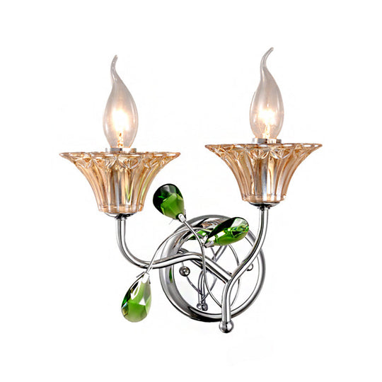 Vintage Bell Amber Glass Sconce Lamp - Stylish Chrome Wall Light With Green Teardrop Crystal Deco