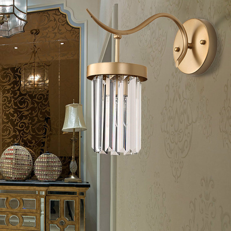 Modernist Curved Metal Wall Sconce Lamp - 1 Head Brass Finish With Clear Crystal Block