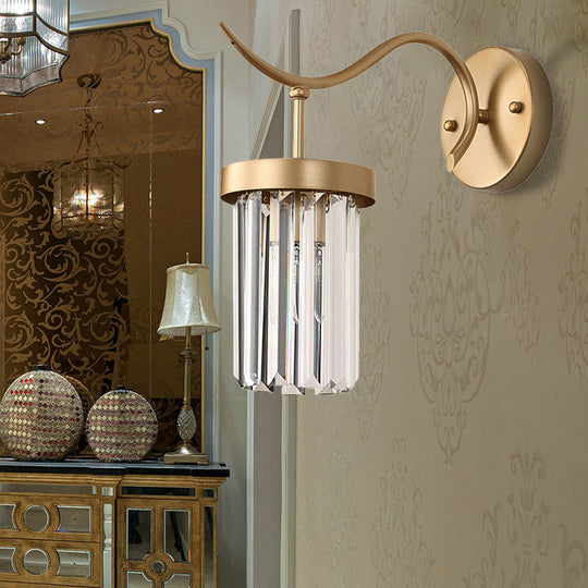 Modernist Curved Metal Wall Sconce Lamp - 1 Head Brass Finish With Clear Crystal Block