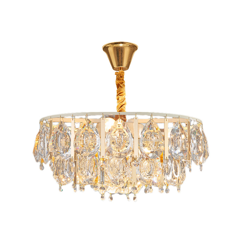 Contemporary Round Teardrop Crystal Hanging Light Kit: 3/4 Lights Gold Chandelier 16’/19.5’ Wide