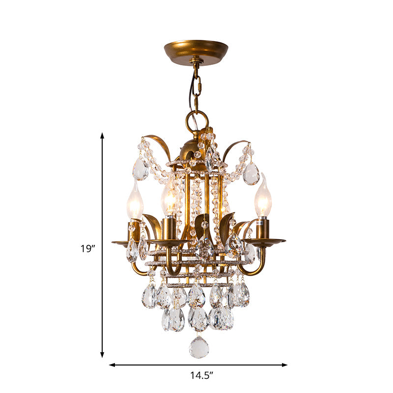 Gold Crystal Drop Chandelier - Modern Corridor Lighting With 4 Lights