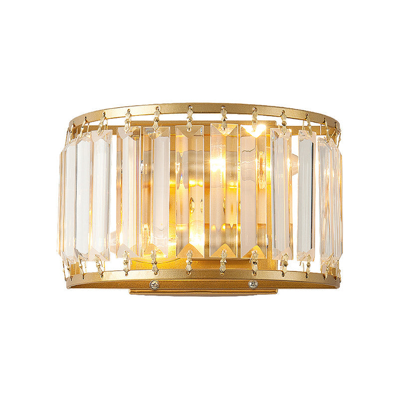 Modern Brass Wall Sconce With Drum-Shaped Clear Crystal Shade - 1 Light Living Room Lighting Fixture