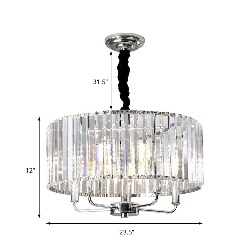 Modern Tri-Sided Glass Rod Drum Ceiling Light - 4-Light Chrome 19.5’’/23.5’’ Wide