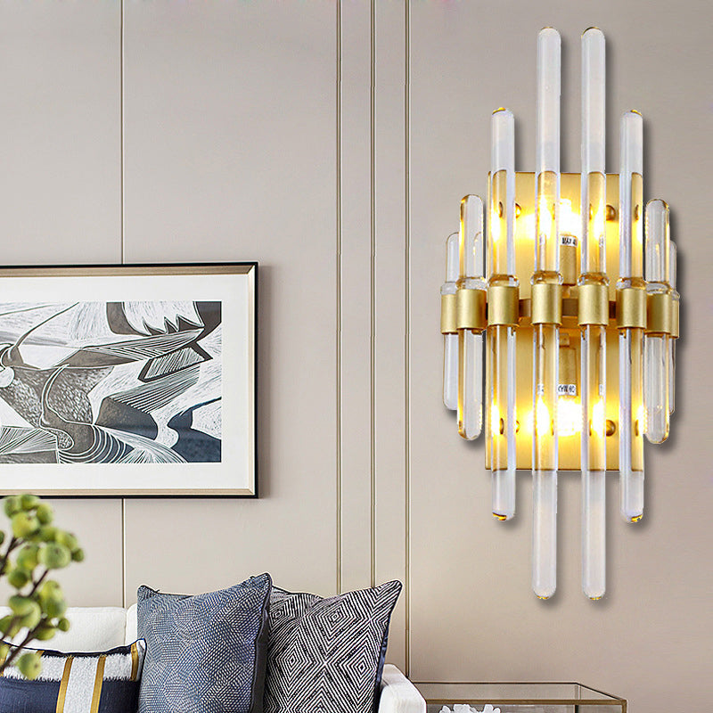Contemporary Clear Crystal Tube Wall Lighting With 2 Brass Lights - Ideal For Living Room