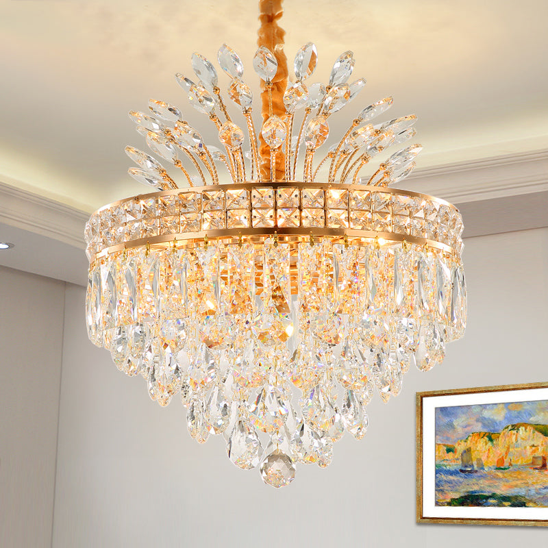 Tapered Chandelier Light With Modern Faceted Crystal 9 Lights Gold Finish – Ideal For Bedroom