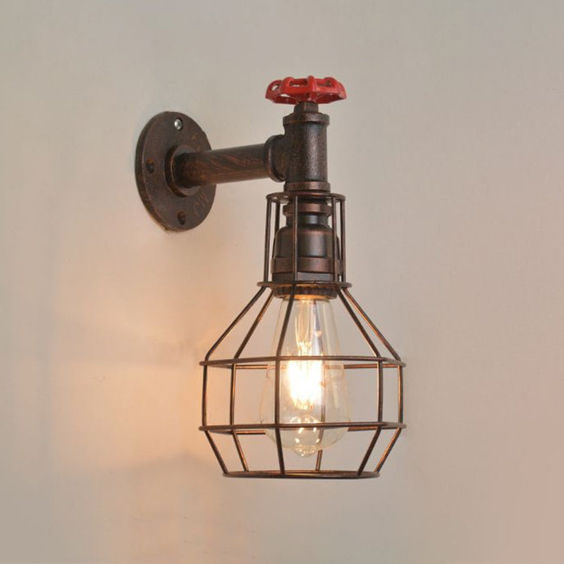 Retro Grenade Cage Wall Light With Water Valve - Rustic Metallic Restaurant Fixture
