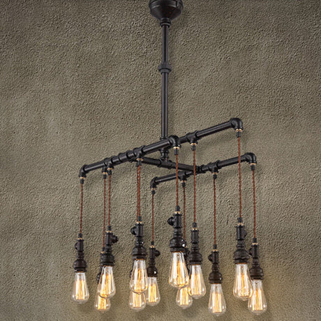 Black Industrial Led Pipe Chandelier For Restaurant Island - Iron Plumbing Hanging Lamp