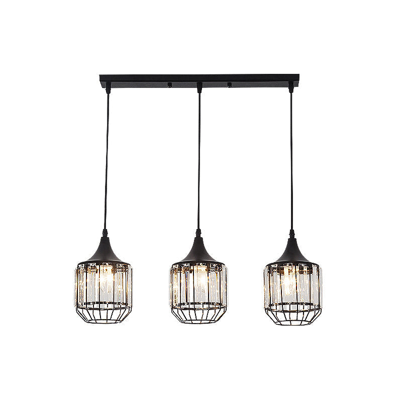 Modern 3-Light Dining Room Pendant With Nordic Black Finish Metal & Crystal Shade