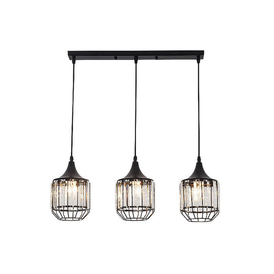 Modern 3-Light Dining Room Pendant With Nordic Black Finish Metal & Crystal Shade