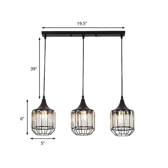 Modern 3-Light Dining Room Pendant With Nordic Black Finish Metal & Crystal Shade