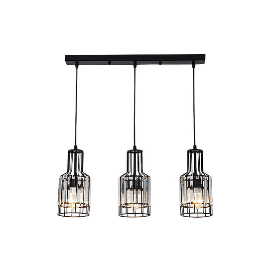 Modern 3-Light Dining Room Pendant With Nordic Black Finish Metal & Crystal Shade