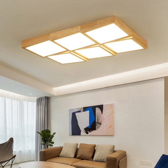 Modern Wood Led Ceiling Light With Square Acrylic Shade - Flush Mount For Living Room