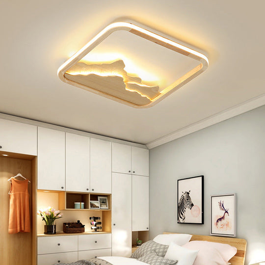 Chinese Mountain Wood Rectangle Flush Ceiling Led Light Fixture For Bedroom / 17’ Natural