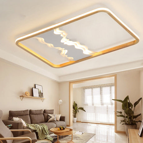 Chinese Mountain Wood Rectangle Flush Ceiling Led Light Fixture For Bedroom White / 25.5’ Third Gear
