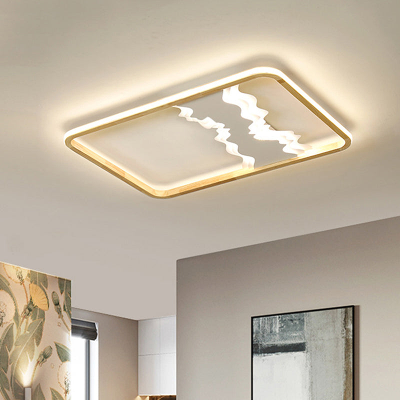Chinese Mountain Wood Rectangle Flush Ceiling Led Light Fixture For Bedroom White / 25.5’ Remote