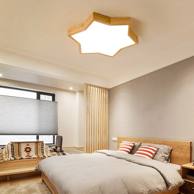 Wooden Led Six - Pointed Star Flush Mount Bedroom Light - Minimalist Fixture